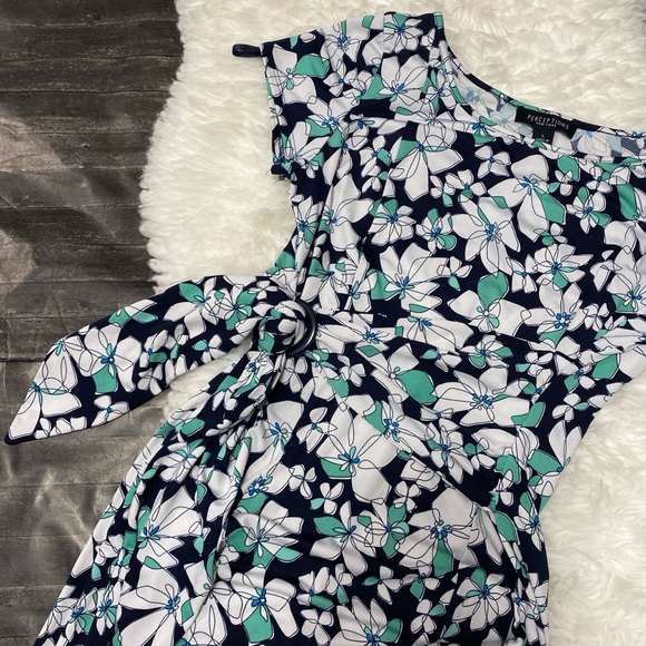 PERCEPTIONS FLORAL DRESS NAVY WHITE GREEN TIE WAIST SPRING BOHO COTTAGECORE - Picture 9 of 10